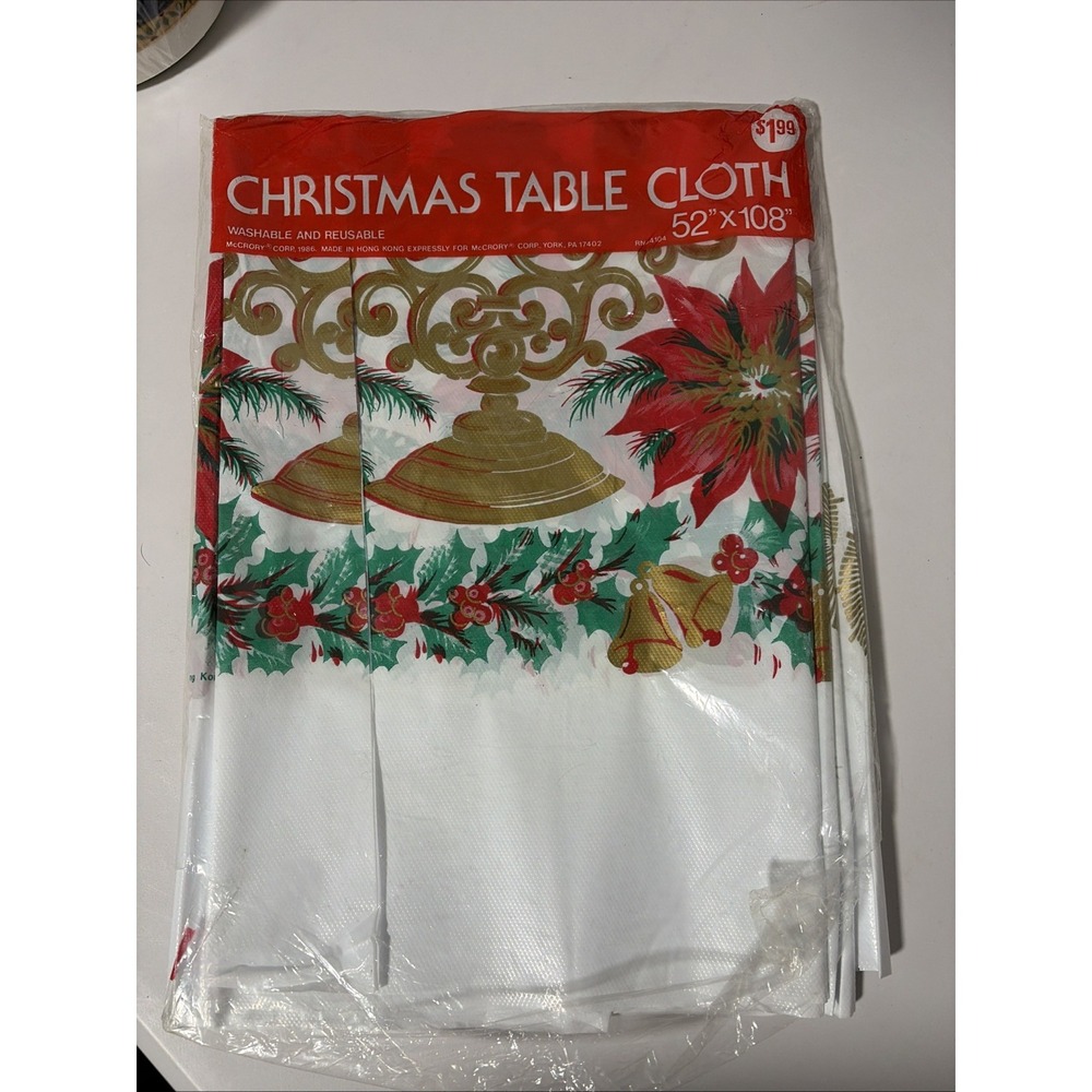 Vintage McCrory Corp Christmas Plastic Tablecloth 1986 Retro 52x108 Rectangular